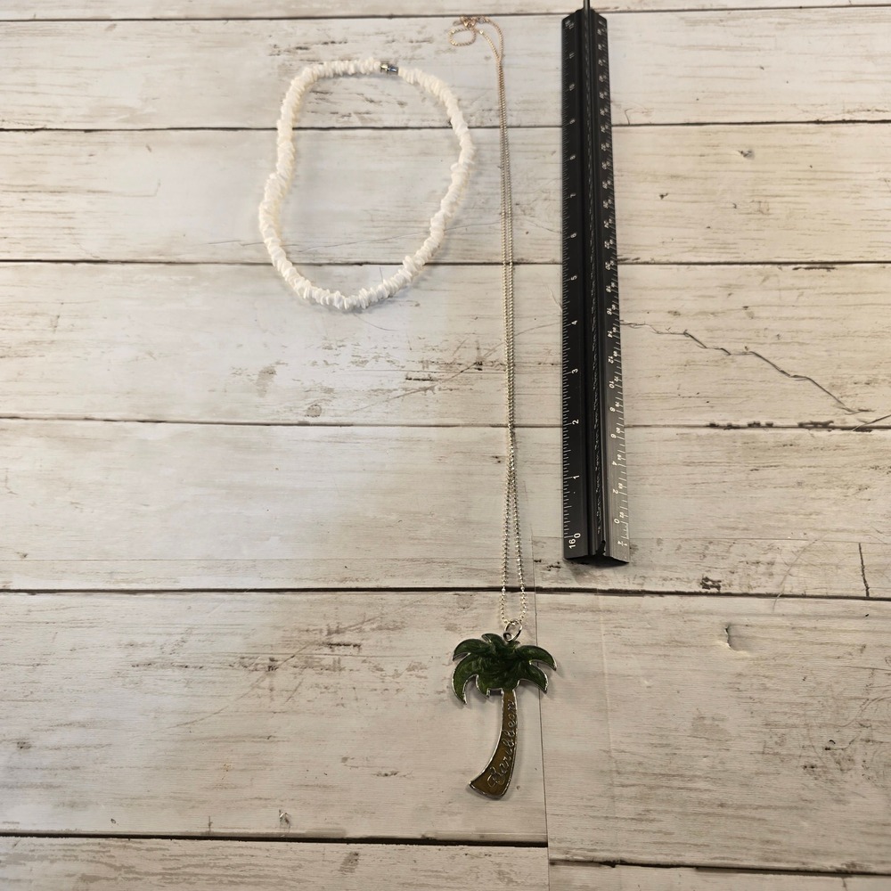Caribbean Palm Tree Pendant Necklace and White Shell Choker Set Tropical Summer